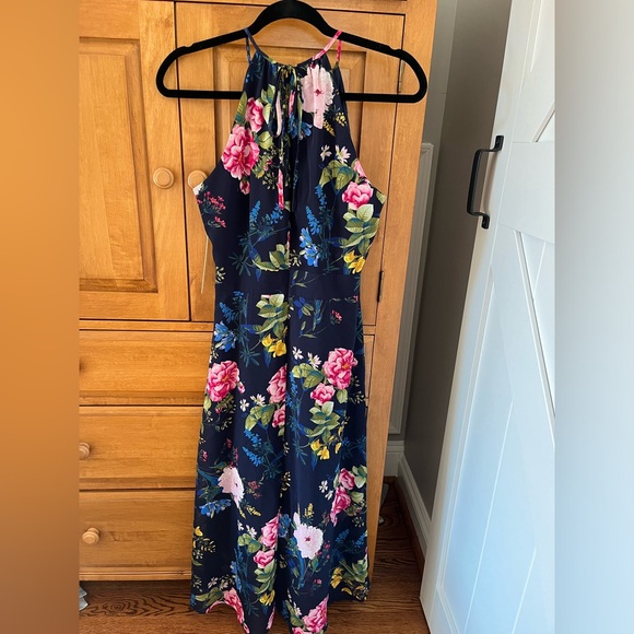 NWT Eliza J Navy Floral Print Chiffon High/Low Halter Midi Dress - Picture 9 of 14
